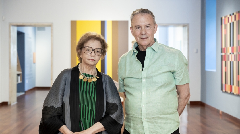 The artist, Fanny Sanín and the curator of Fanny Sanín: Geometric Equations, Edward J. Sullivan. Photo: Michael Palma Mir